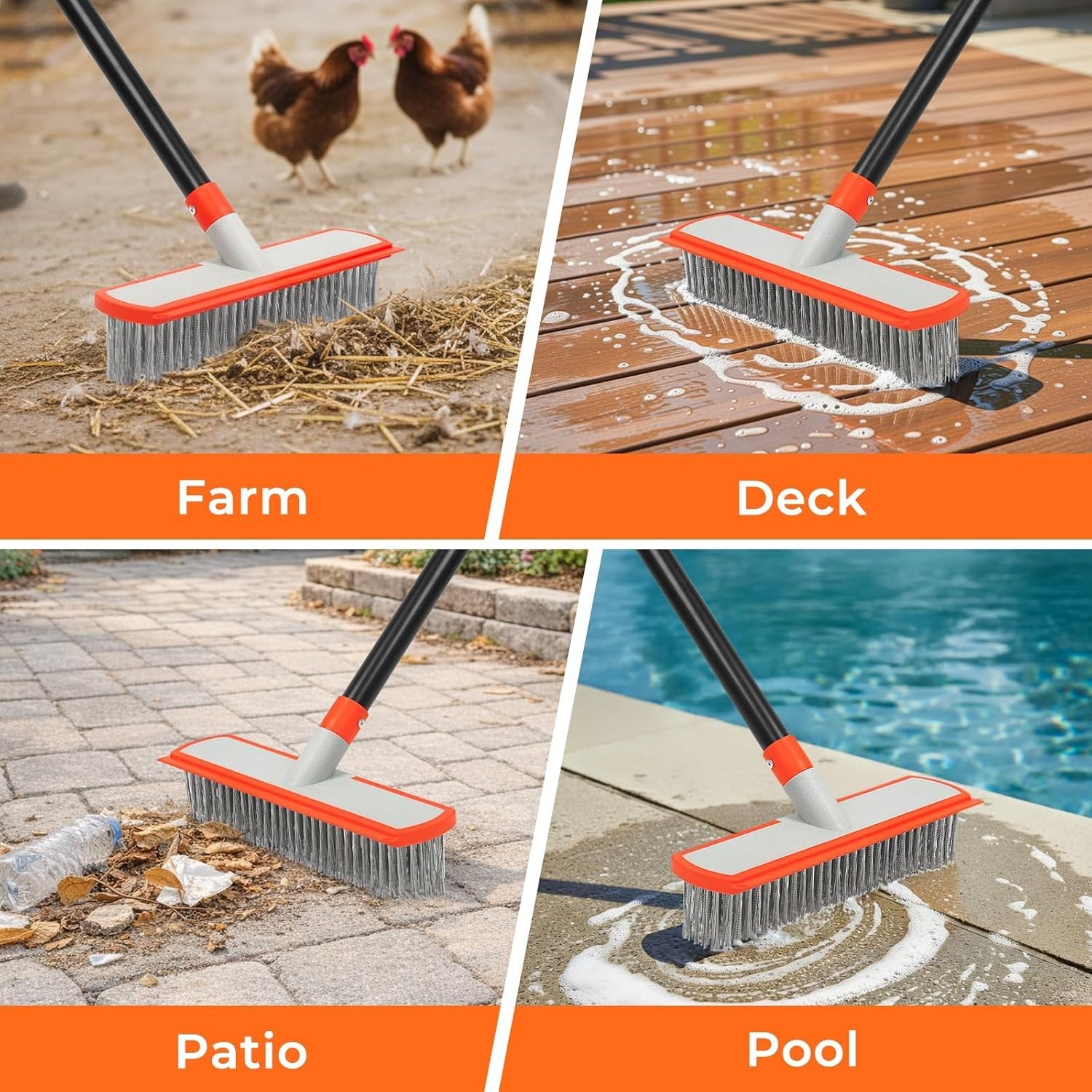Stainless Steel Concrete Brush with Long Handle – Heavy Duty Deck Brush for C…