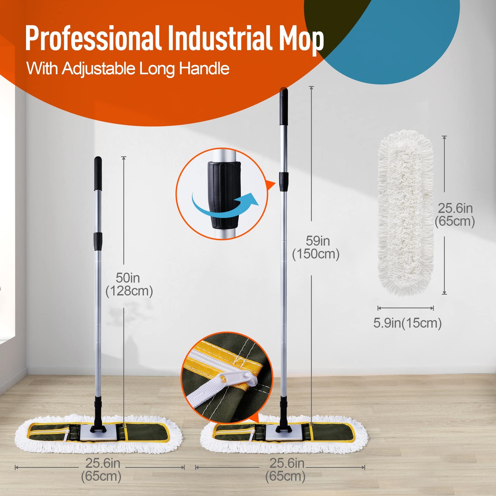 24″ Commercial Dust Mop for Floor Cleaning, Heavy Duty Floor Mop with 59” Ext…