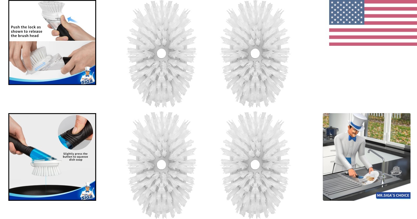 4 Pack Nylon Brush Refills for Soap Dispensing Dish Brush – White & Reliable