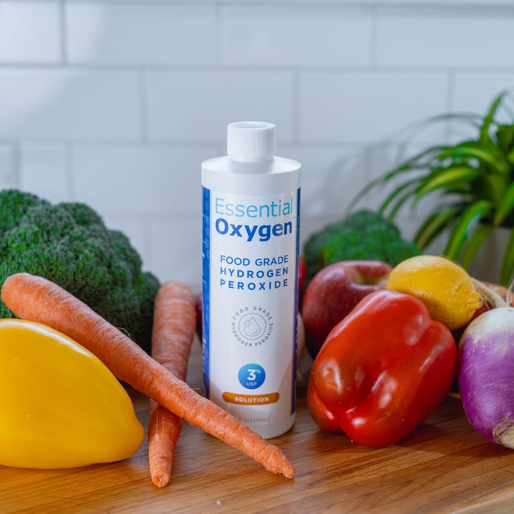 Essential Oxygen Food Grade Hydrogen Peroxide, Natural Cleaner, 3 USP, White,