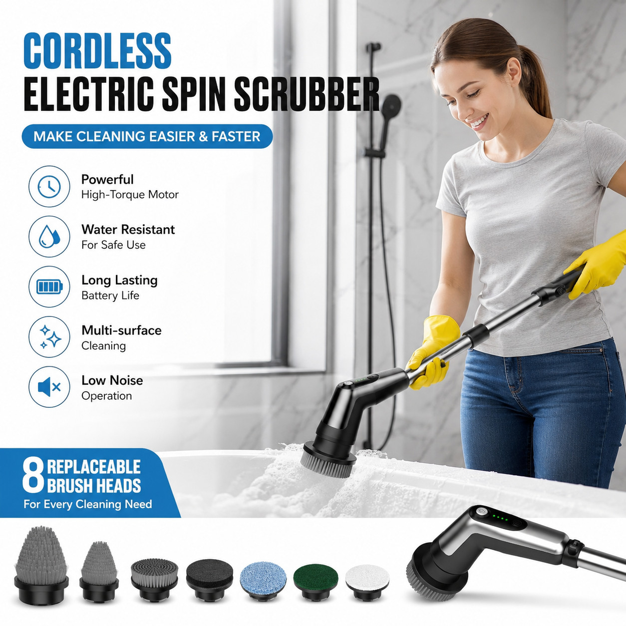 Electric Spin Scrubber Cordless Shower Cleaner 12-in-1 Long Handle