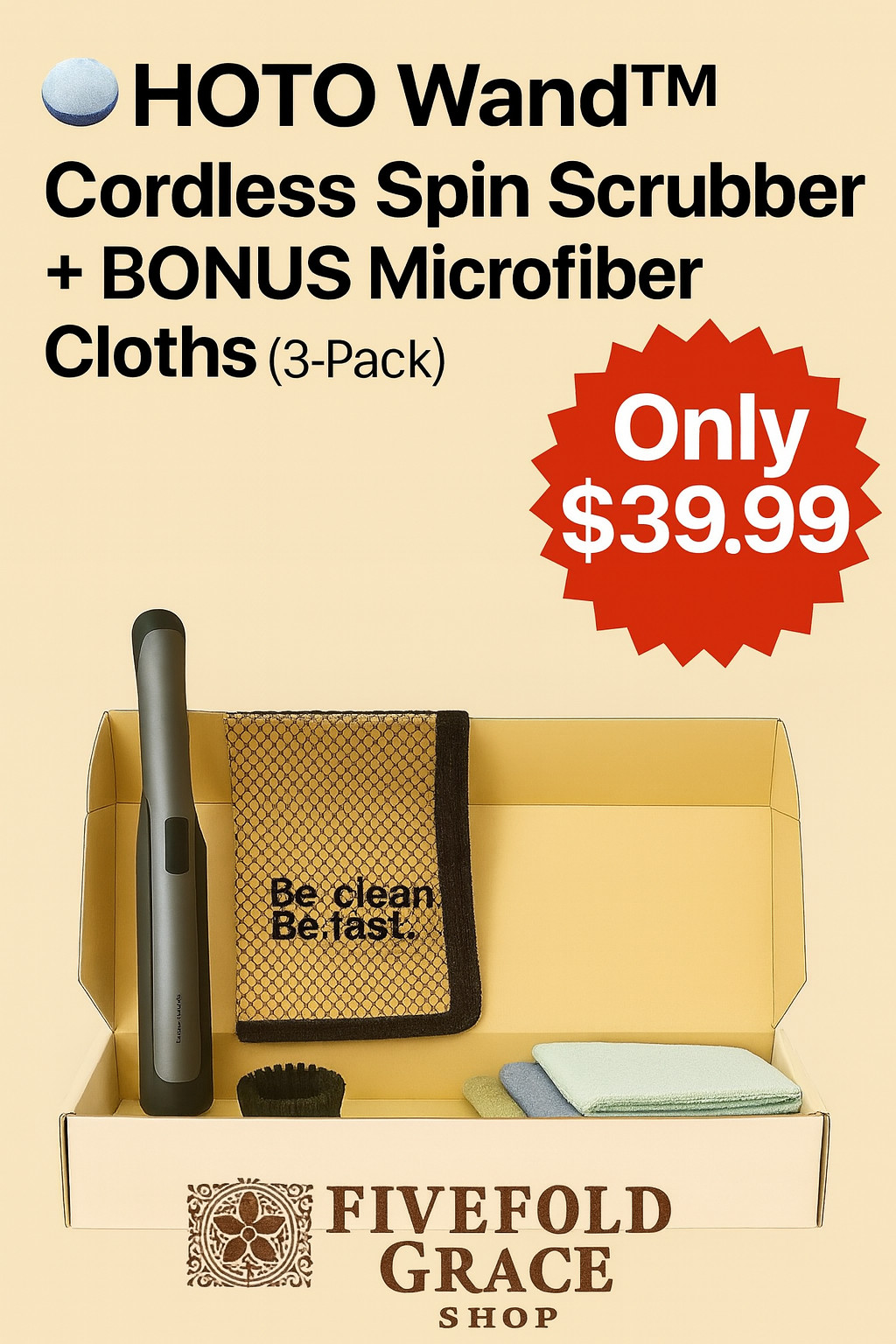 HOTO Wand Cordless Spin Scrubber Kit + 3 Microfiber Cloths Bundle – 12 Pc Set