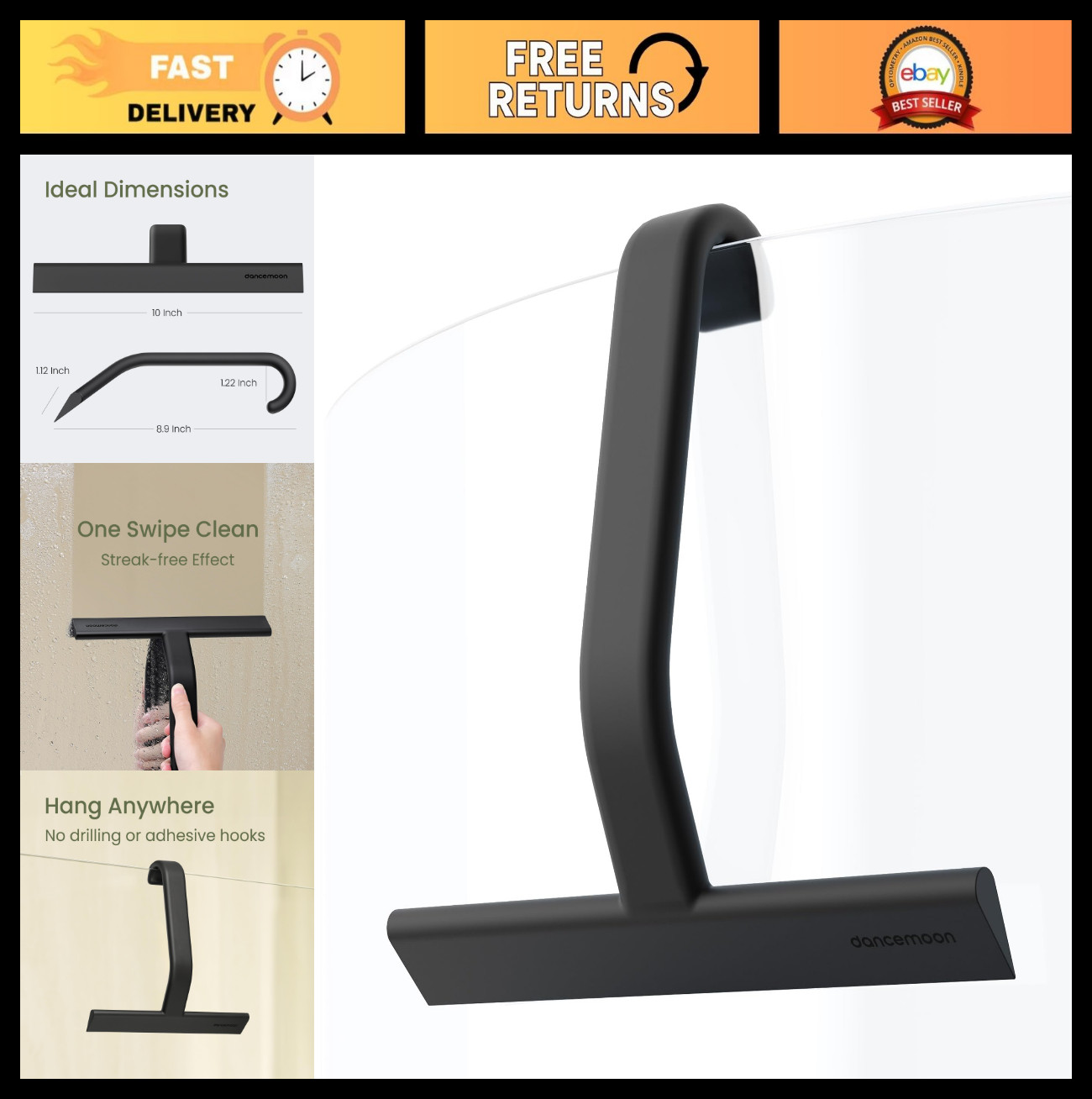 10-Inch Silicone Shower Squeegee with Hook – Streak-Free Cleaner for Glass, Tile