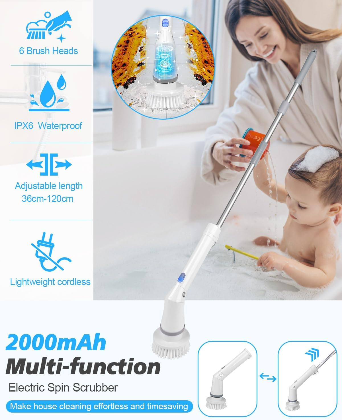 Electric Spin Scrubber Cordless,Power Scrubber Shower Cleaning Brush 400Rpm,Bath