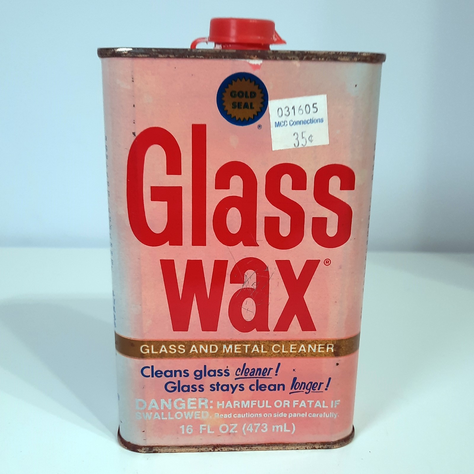 Vintage Glass Wax Cleaner Polish 16oz Gold Seal Pour Can Pink Advertising USA