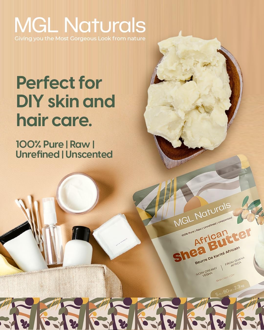 MGL Naturals Raw African Shea Butter Ivory 5 lb, 100% Pure and Unrefined. Nour