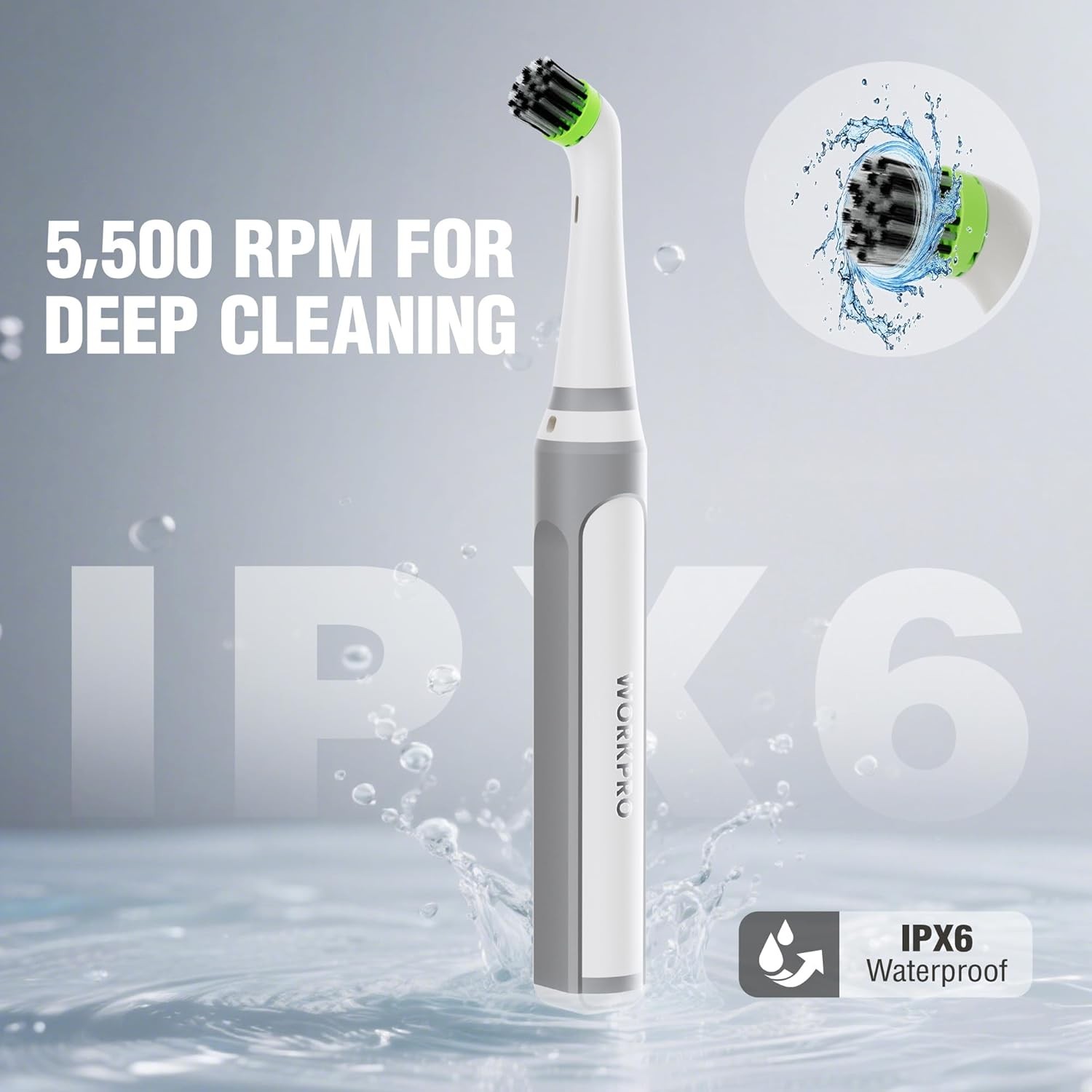 WORKPRO 5500RPM Cordless Electric Grout Brush Scrubbers w/Type-C IPX6 Waterproof