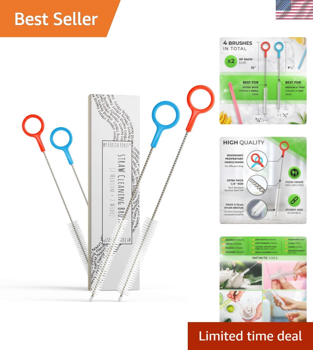 Heavy Duty Cleaning Brushes Set of 4 – Extra Long Straw Cleaners for Metal an…