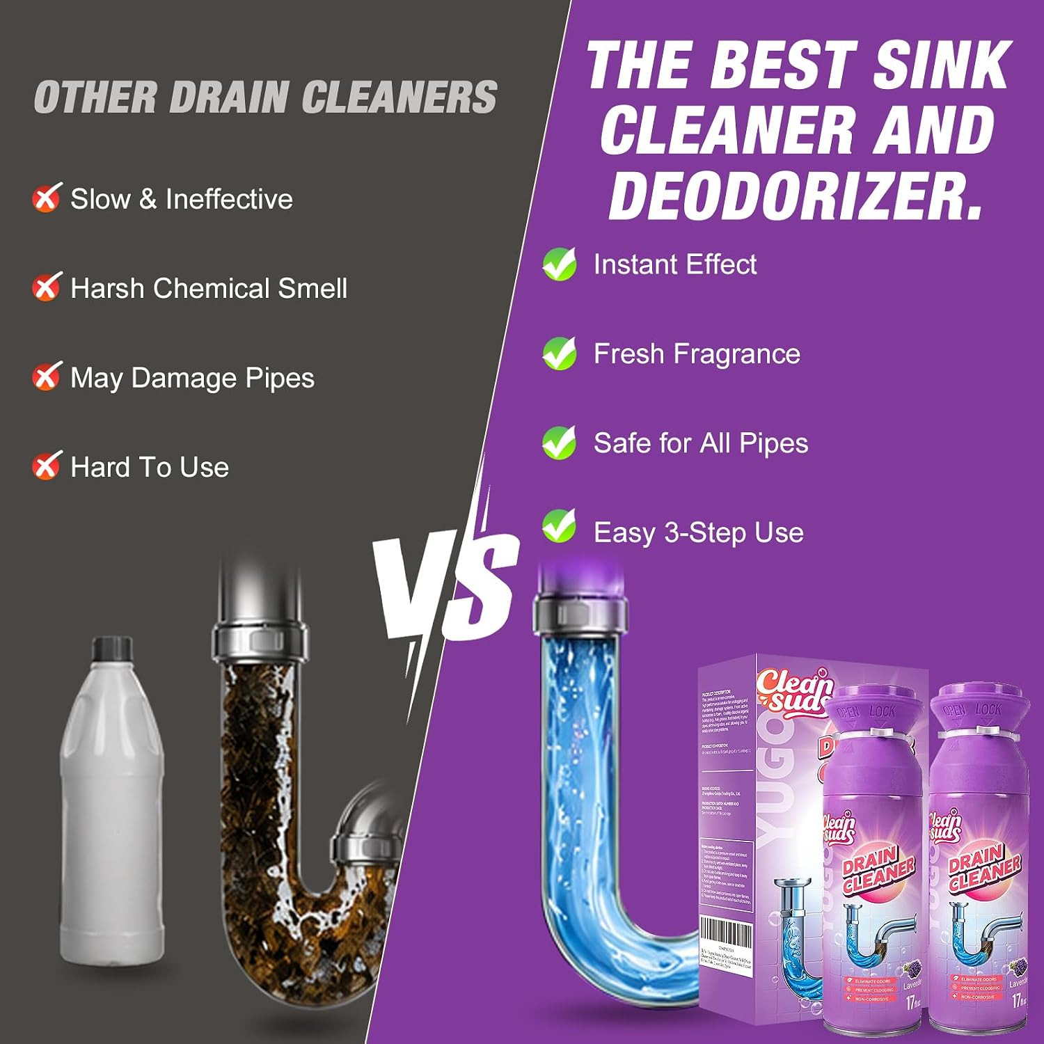 Foaming Sink Drain Cleaner Deodorizer& Clog Remover (Lavender, 2Pcs) | Foaming