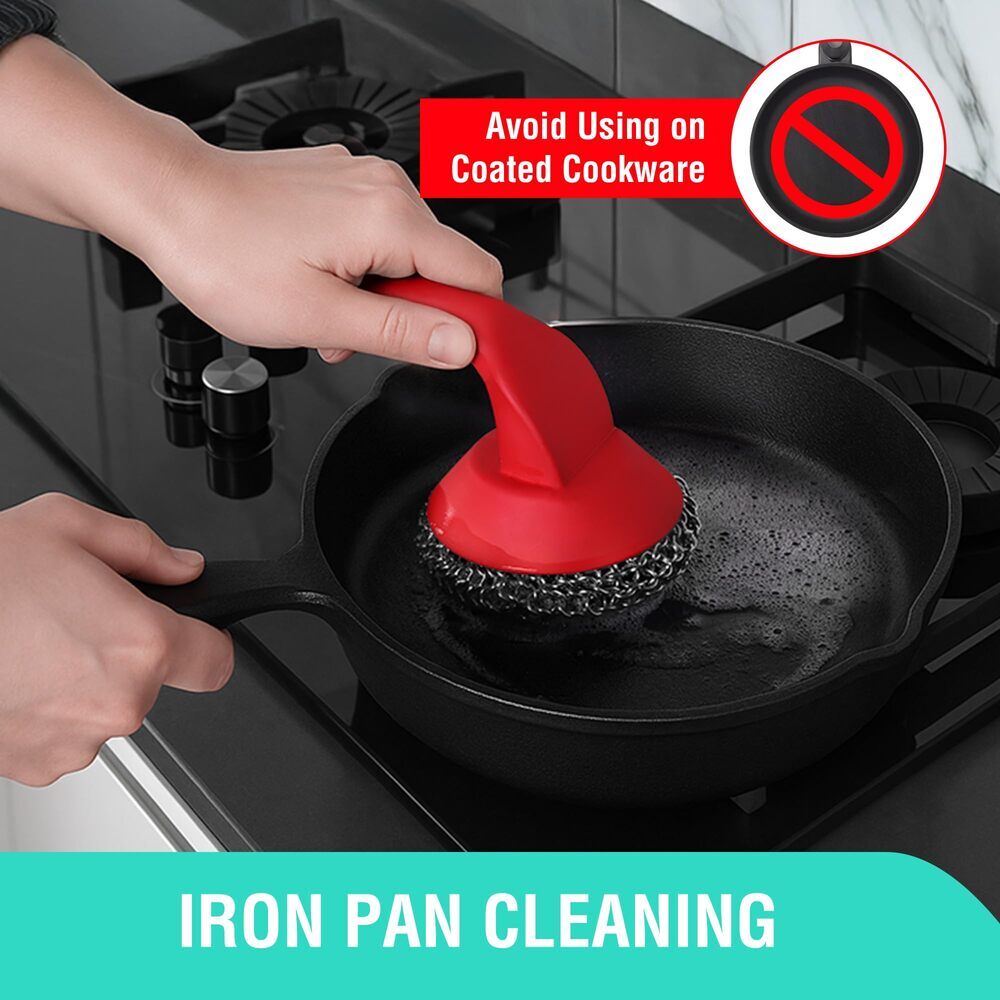 HAUSHOF Cast Iron Scrubber with Long Handle Kitchen Cleaning Kit for Grill Dutch