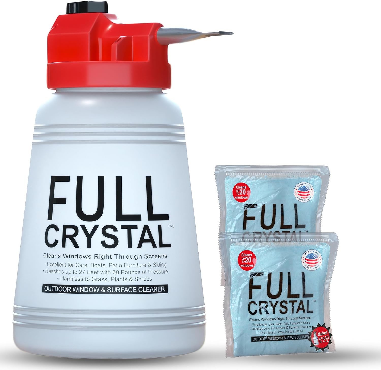 Crystal Window Cleaning Kit – 16 oz Glass Cleaner and Bottle with 27 ft Reach, E