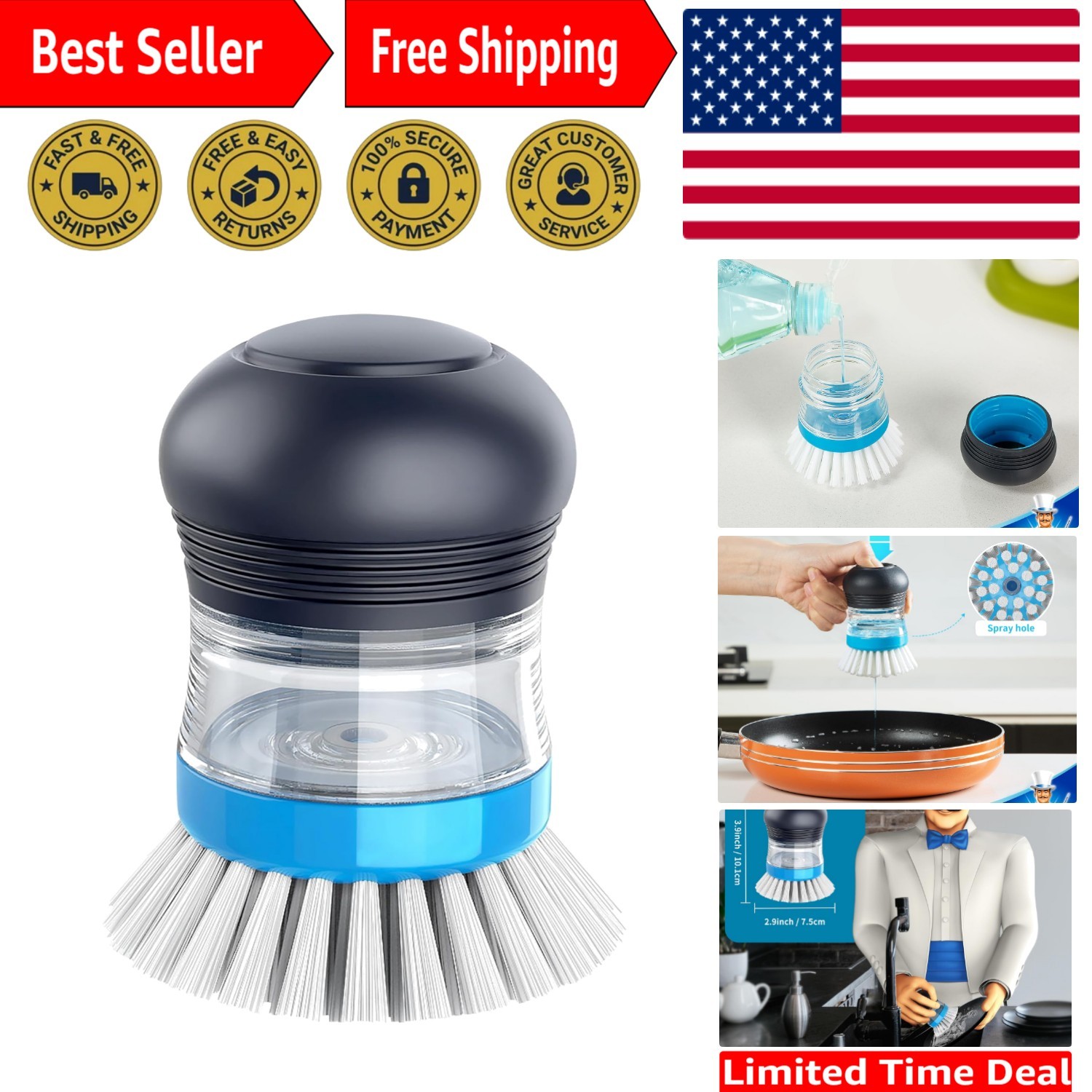 Navy Soap Dispensing Palm Brush for Effortless Kitchen Cleaning – Pack of 1