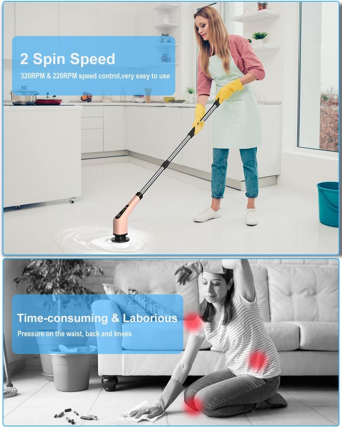 Electric Spin Scrubber with Long Handle and 8 Brushes – Rose