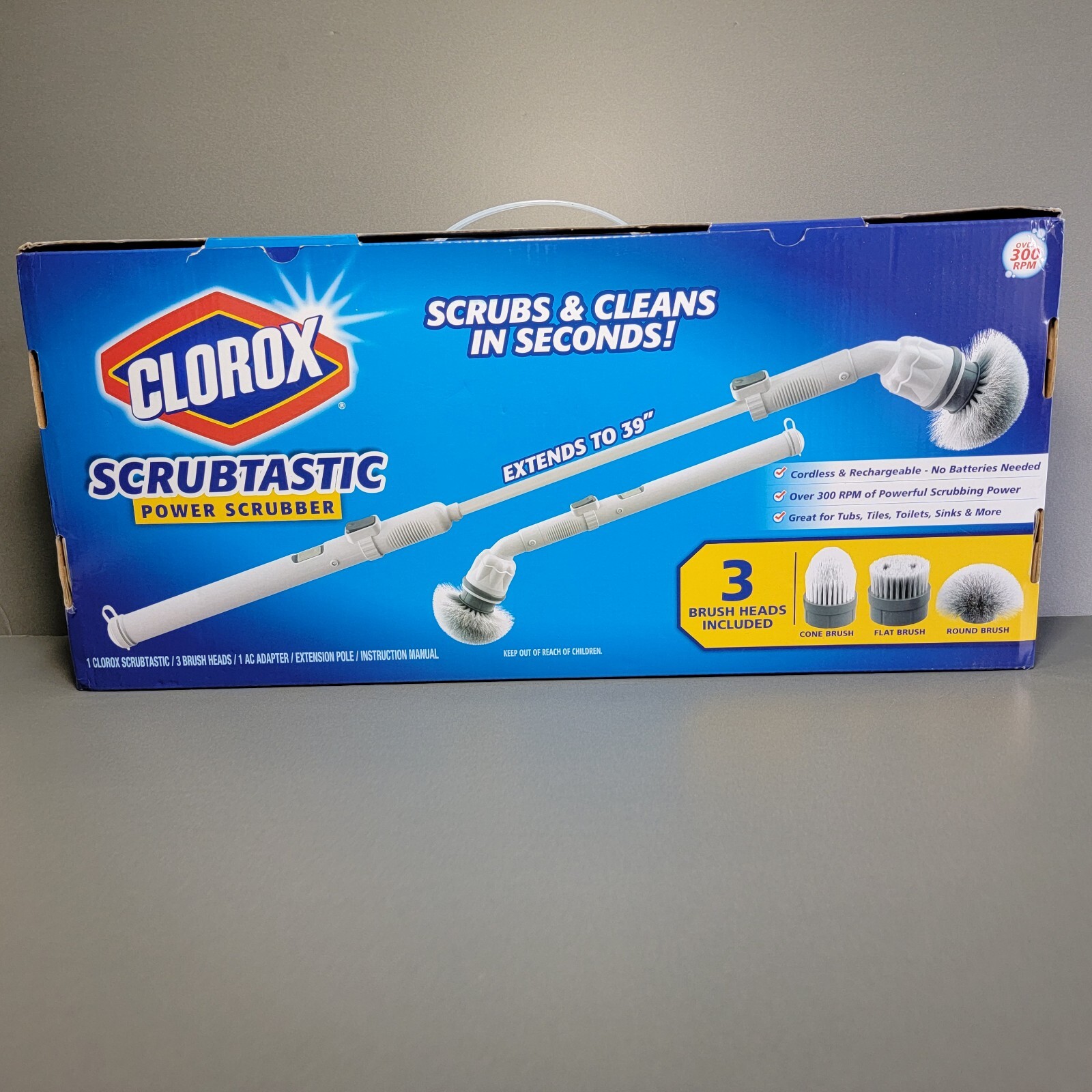 Clorox Deluxe Scrubtastic Power Scrubber 39″ Reach 3 Brush Heads Rechargeable
