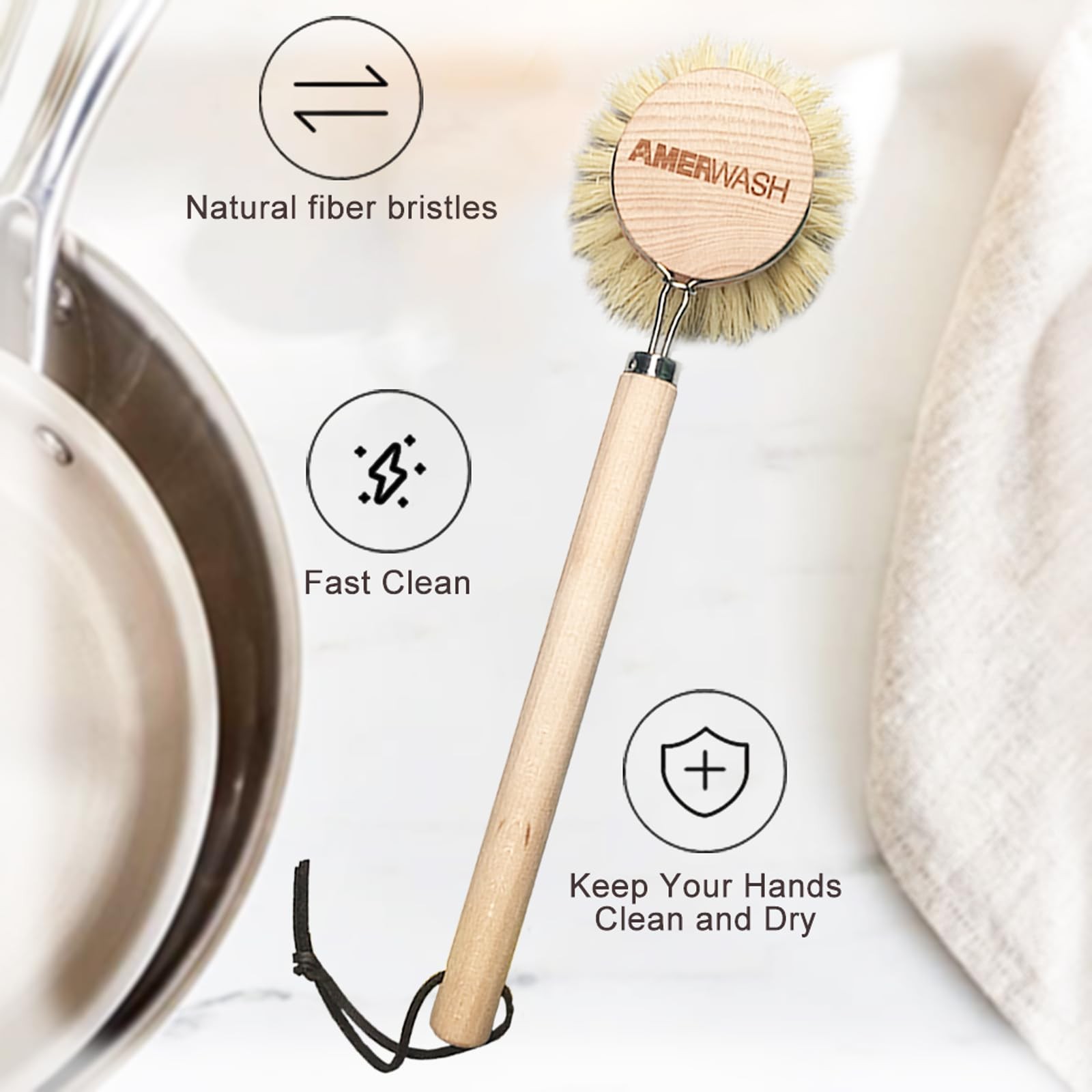 Dish Brush with Wooden Handle Natural Kitchen Brush for Dishes Vegetable Pots