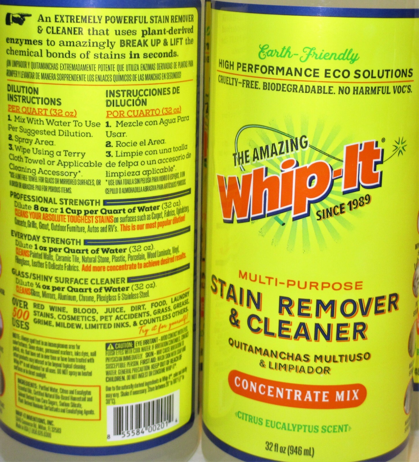 Lot of 2 WHIP-IT Concentrate MIRACLE CLEANER Eucalyptus Oil Multi Stain Remover