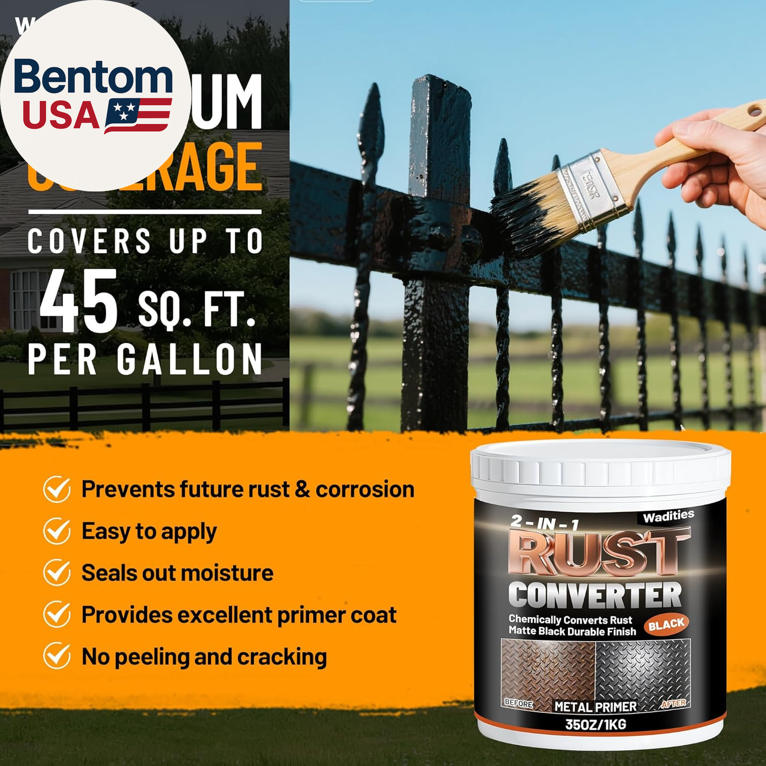 2-In-1 Rust Converter & Metal Primer, 35Oz Matte Black Rust Inhibitor Paint for