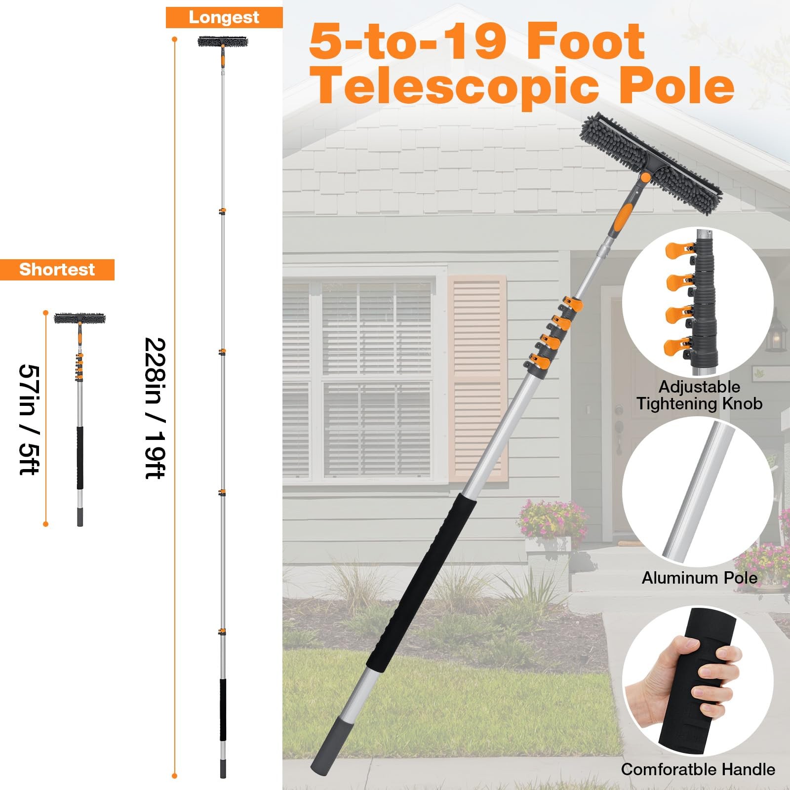 26Ft Window Squeegee with 5-19 FT Extension Poles, 2-in-1 Window Cleaning Kit…