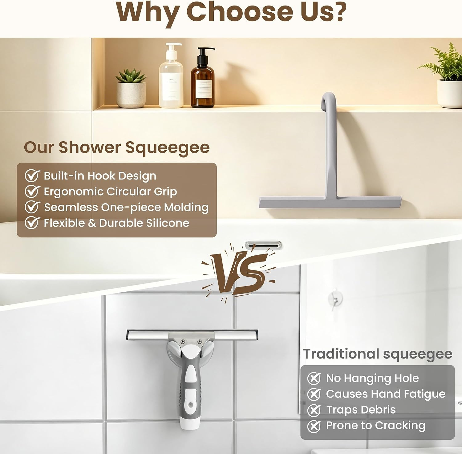 Shower Squeegee for Glass Doors – 10 Inch Bathroom Squeegee with Ergonomic round