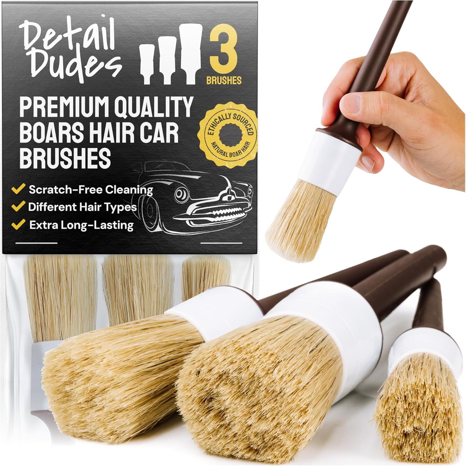 Car Detailing Brush Ultra Soft Boars Hair Set of 3- Automotive Detail Brushes…
