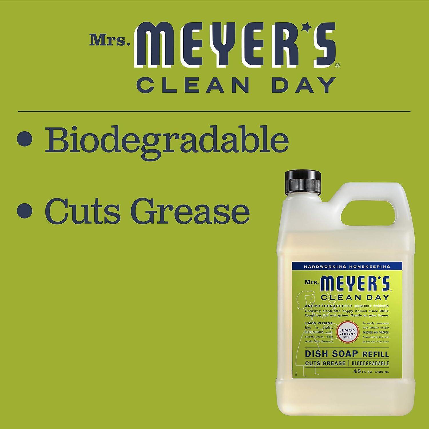 Mrs. Meyer’s Clean Day Liquid Dish Soap Refill, Lemon Verbena Scent, 48 Fluid Oz