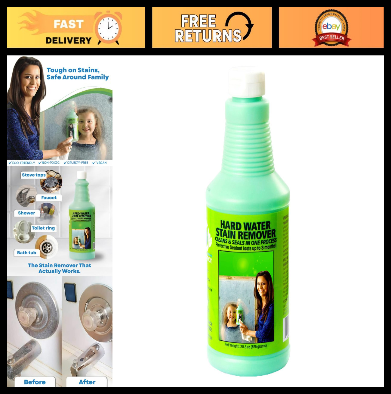 Hard Water Stain Remover – 20.3oz, Powerful Cleaner for Glass, Tile & Fixtures