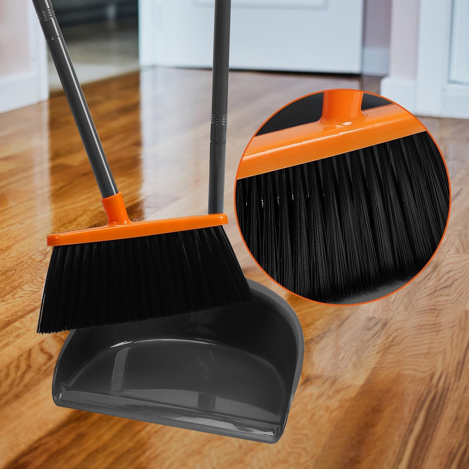 Broom and Dustpan Set ，Long Handle Broom with Upright Standing Dust