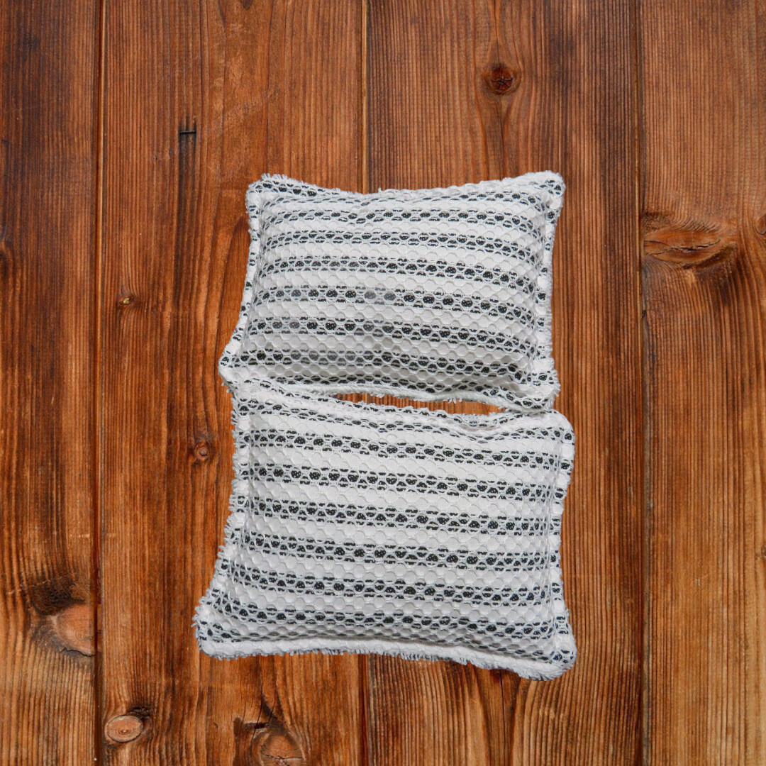 Reusable Kitchen Sponge Set of 2 White and Black Ticking Dish Scrubby