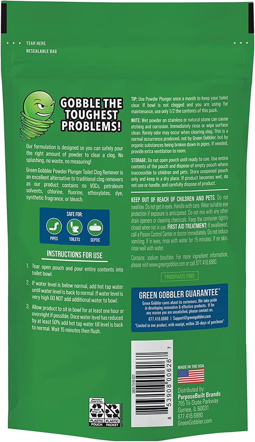 Green Gobbler POWDER PLUNGER Toilet Bowl Clog Remover – 2 Pack Net WT 16.5 Oz