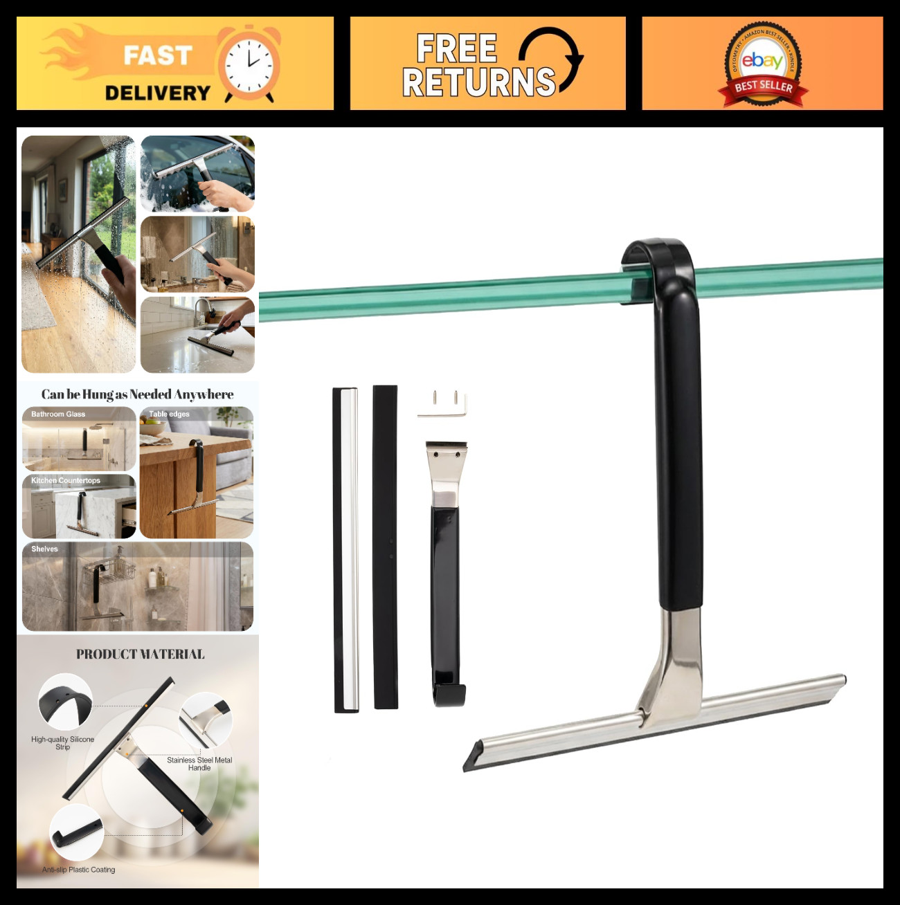 10″ Stainless Steel Shower Squeegee – All-Purpose for Glass, Tile, Bathroom & Ca