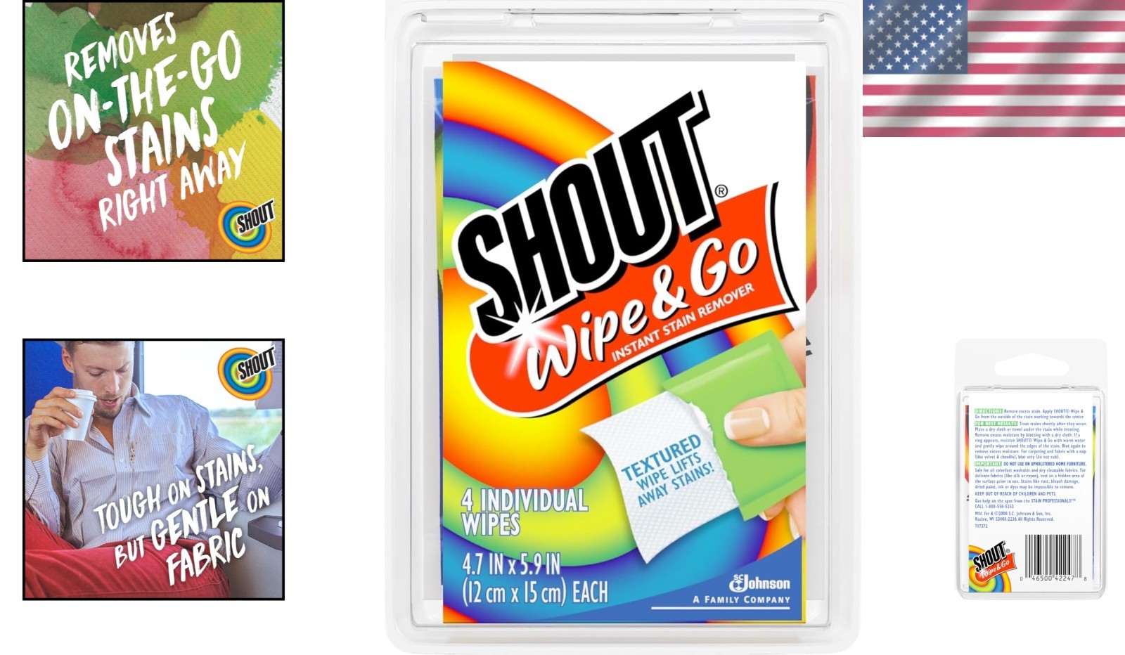 Portable Shout Wipes, Quick & Easy Stain Remover – 4 Individually Wrapped Wipes