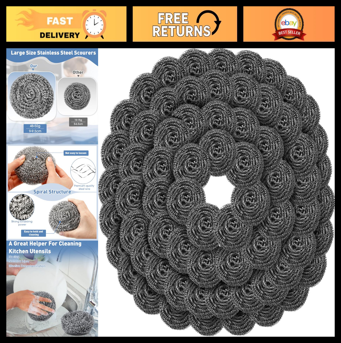 72 Pcs Stainless Steel Scrubber Set – Heavy Duty Steel Wool Scourers for Dishes,
