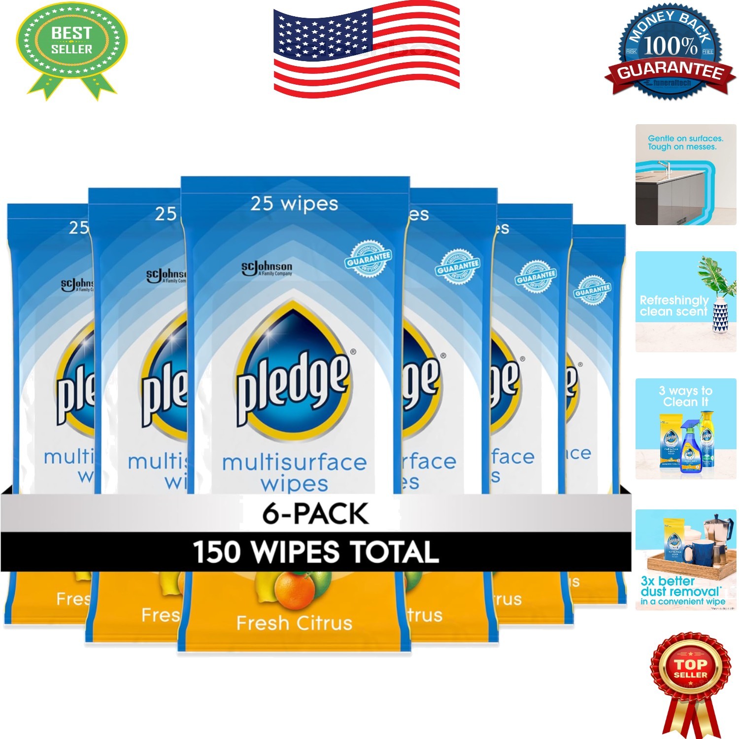 Pledge Multi-Surface Cleansing Wipes, Fresh Citrus – Pack of 6, 150 Total Wipes