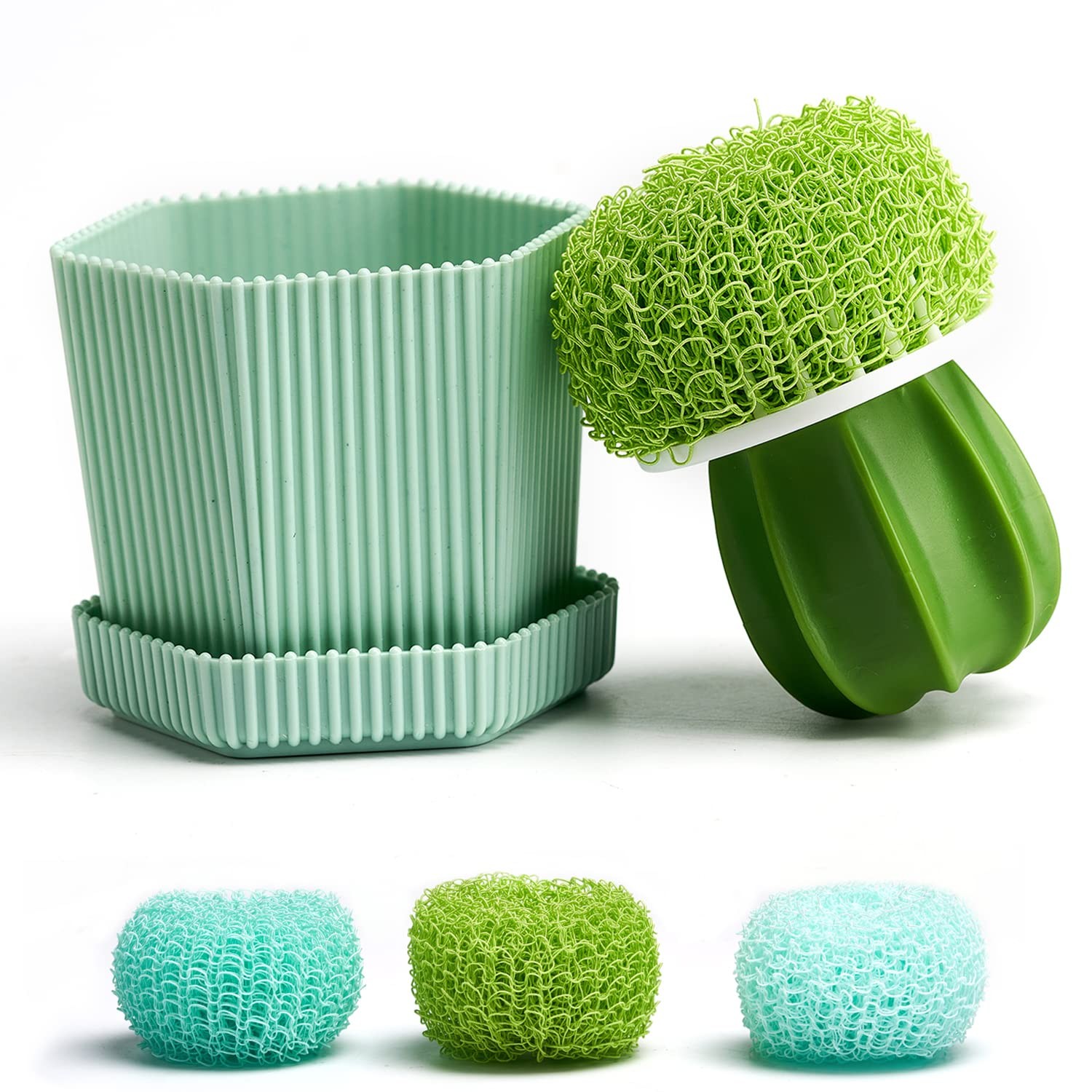 Cactus Mini Dish Brush Set with Drip Tray (3 Brushes), Durable Kitchen Cleani…