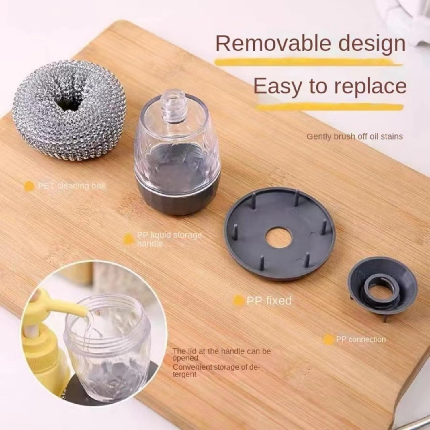 Soap Dispensing Dish Brush Cleaning Steel Wool Scrubber for Dishes Pans Kitchen