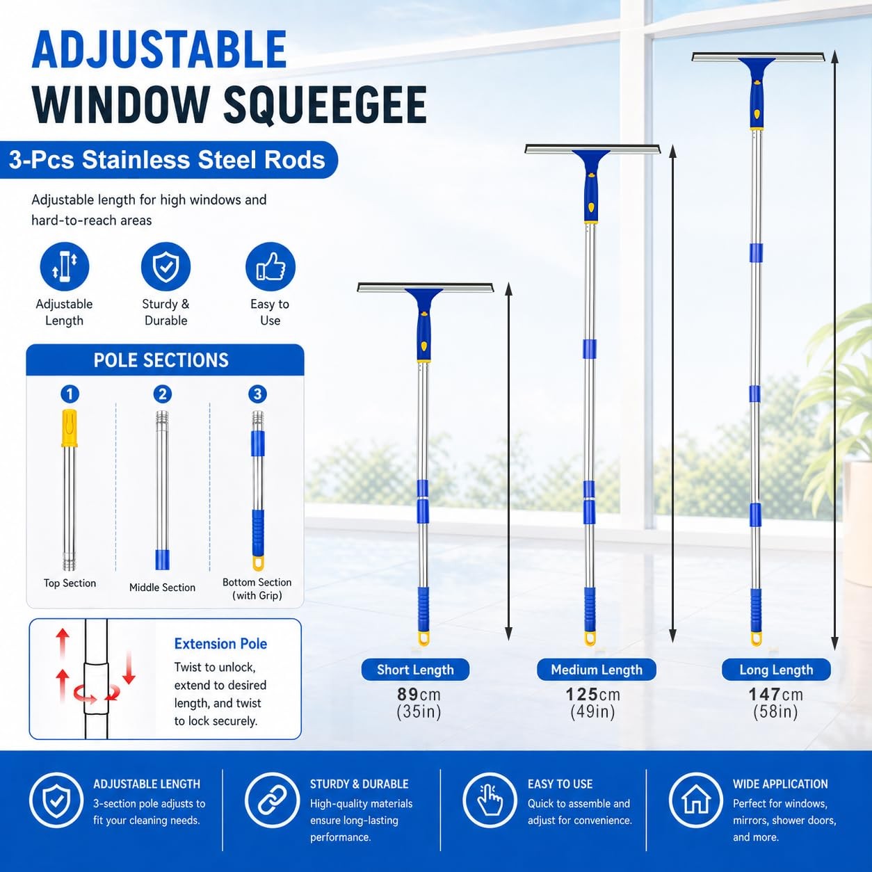 Window Squeegee with Extension Pole, Separate 12″ Squeegee & 11″ Microfiber S…