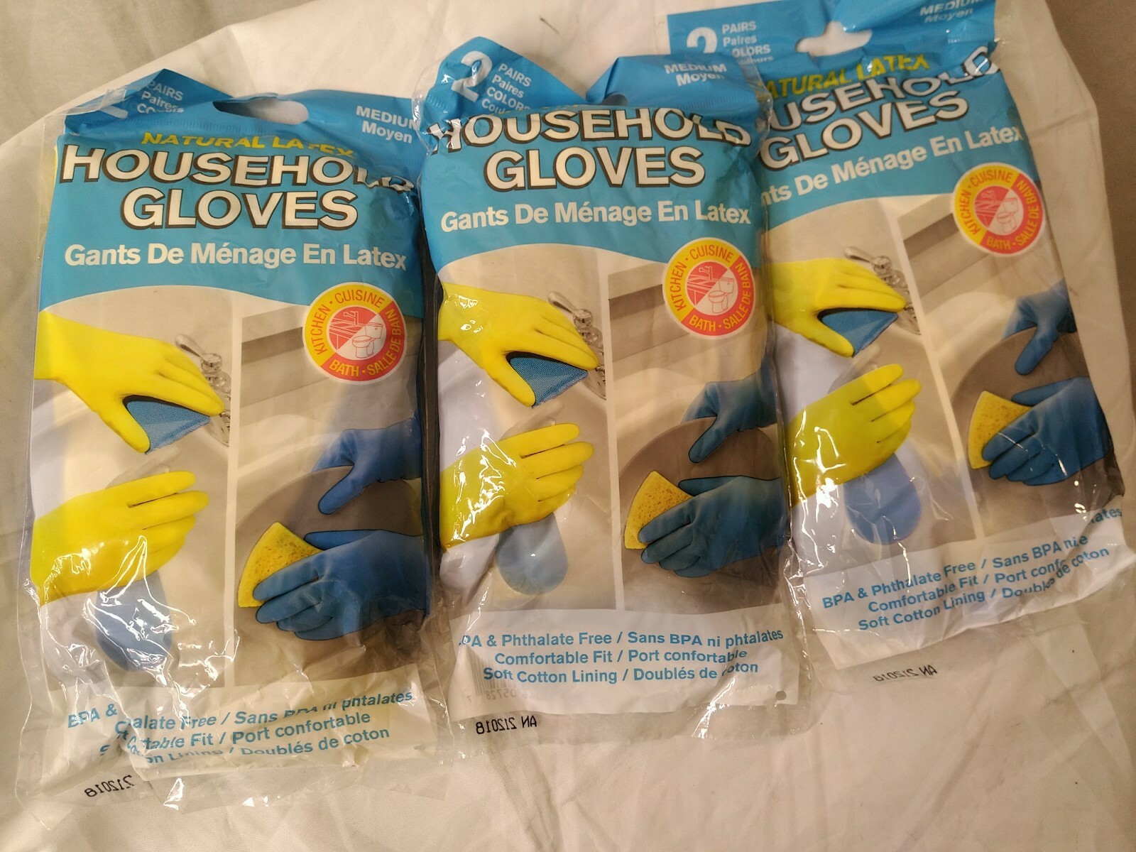 Qty 6 Pairs (3 Packs x 2) Natural Latex Household Gloves Yellow/Blue Medium SM5