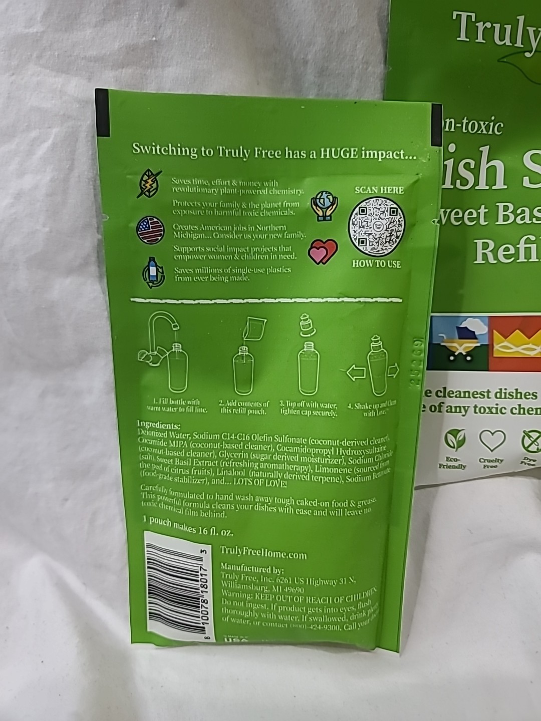 Truly Free Non Toxic Dish Soap Sweet Basil 3 Pack Refill Eco Friendly