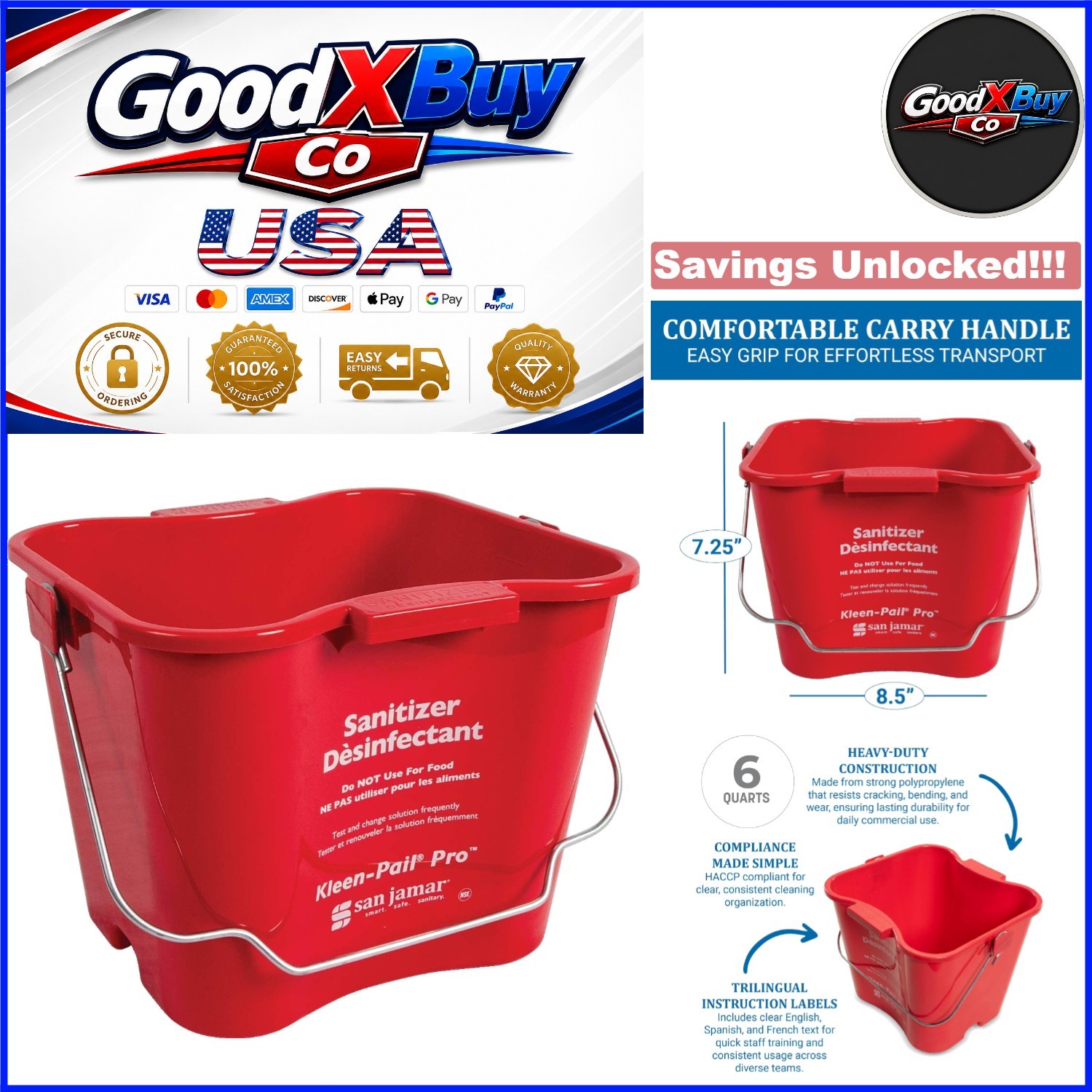 Kleen-Pail Pro 6 Qt Metal Bucket with Handle for Commercial Cleaning Red