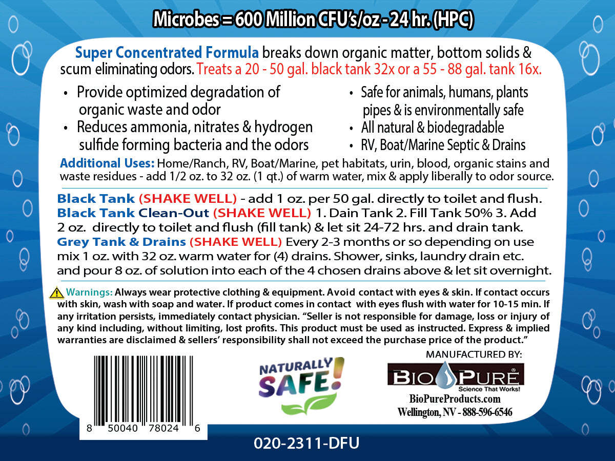 Bio-Pure RV Black Tank/Septic, Drain Restore & Maintain – 8 Black Tank Treatment
