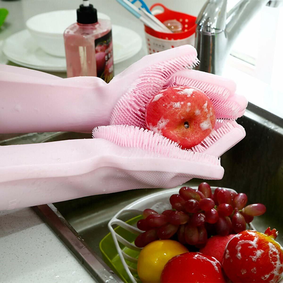 Reusable Silicone Gloves Scrubbing Glove Bristles Scrubber Dishwashing Pink