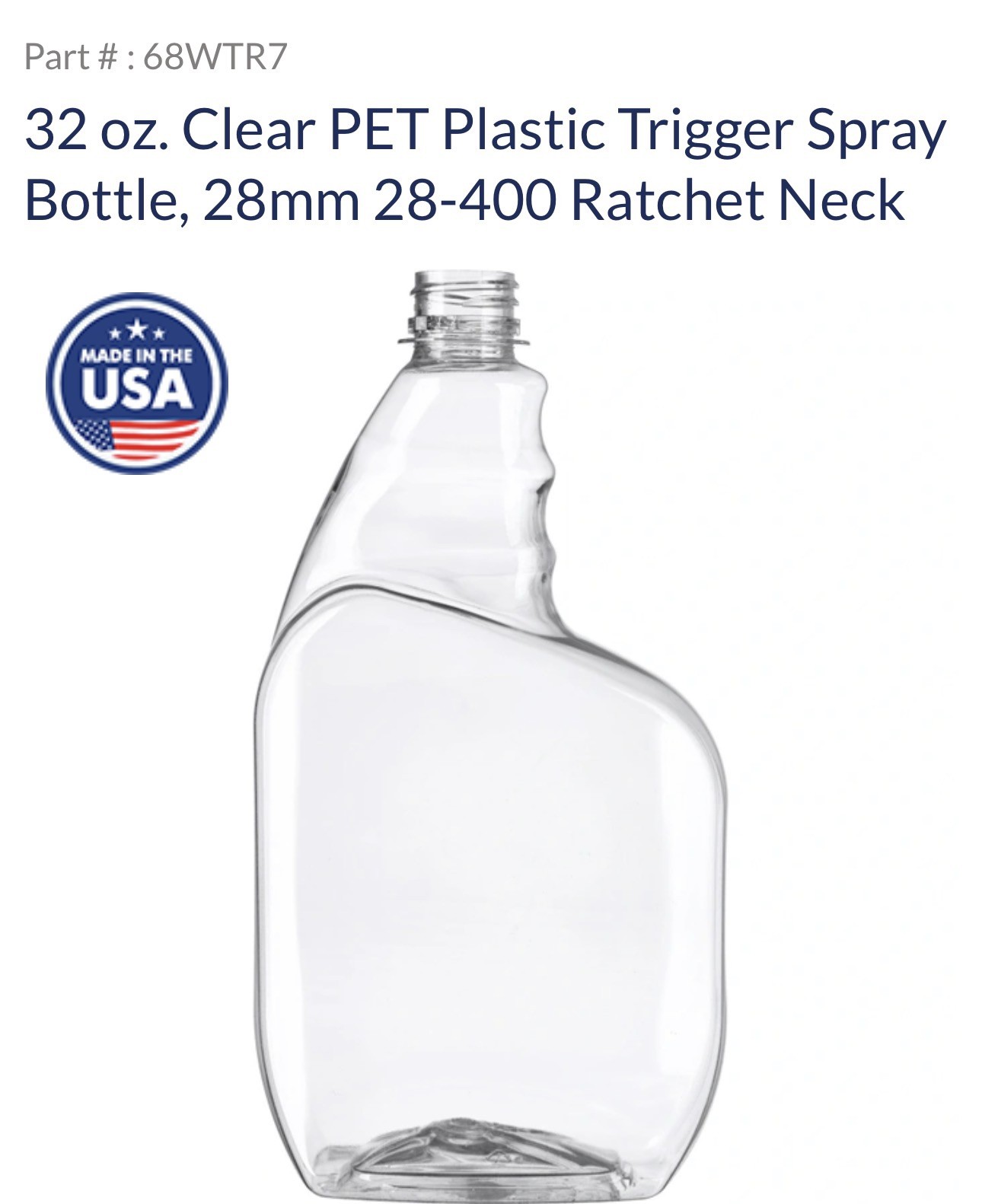 32oz. Clear Plastic Trigger Spray Bottle, 28mm 28-400 Ratchet Neck. Box Qty:50
