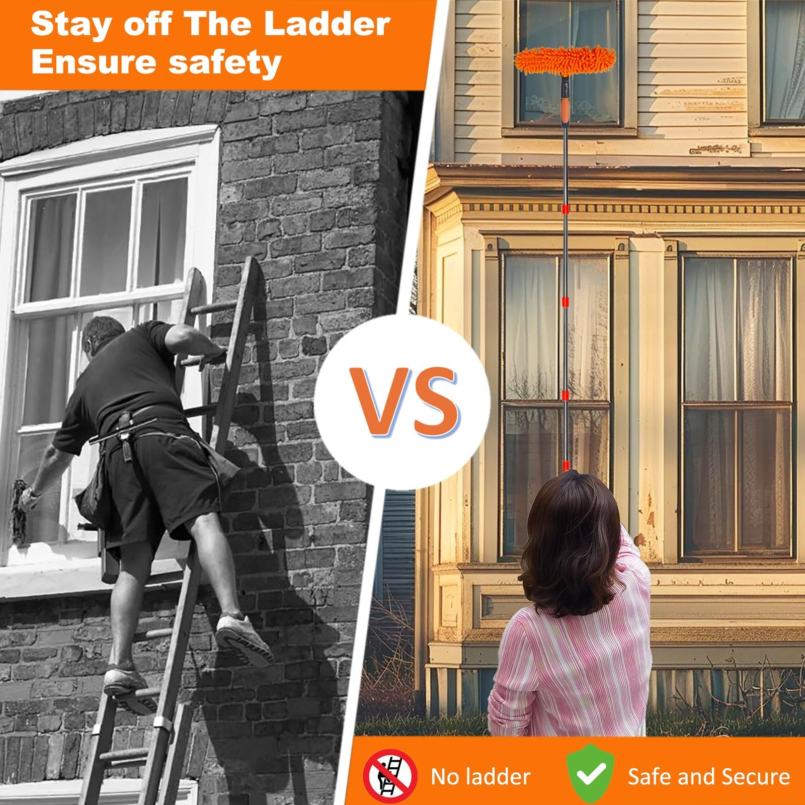20+ Feet Reach 2 in 1 Window Washing Squeegee & Duster with 3-14 ft Orange
