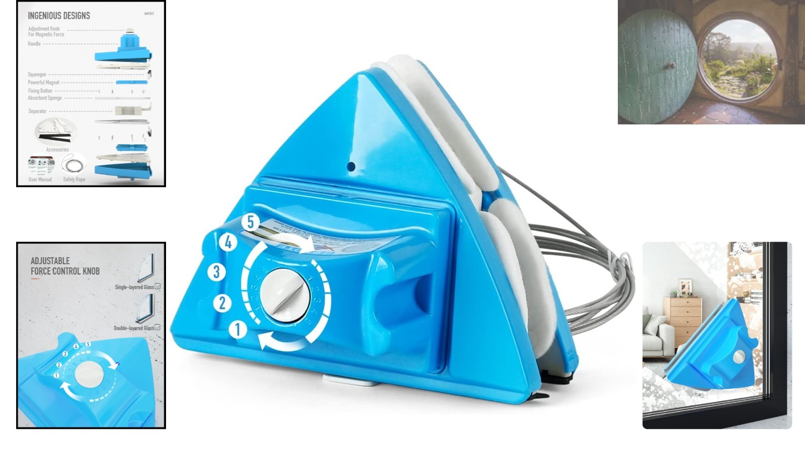 Adjustable Magnetic Window Cleaner with Safety Rope for Easy High-Rise Cleaning