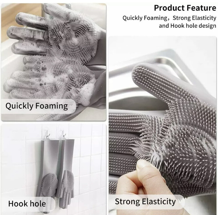 1 Pair Magic Silicone Rubber Dish Washing Gloves Kitchen Scrubber Clean NWOT New