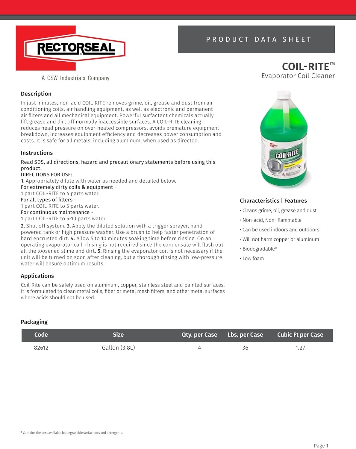 Coil-Rite 82612 Coil Cleaner, Easy Application, HVAC, 1 Gallon