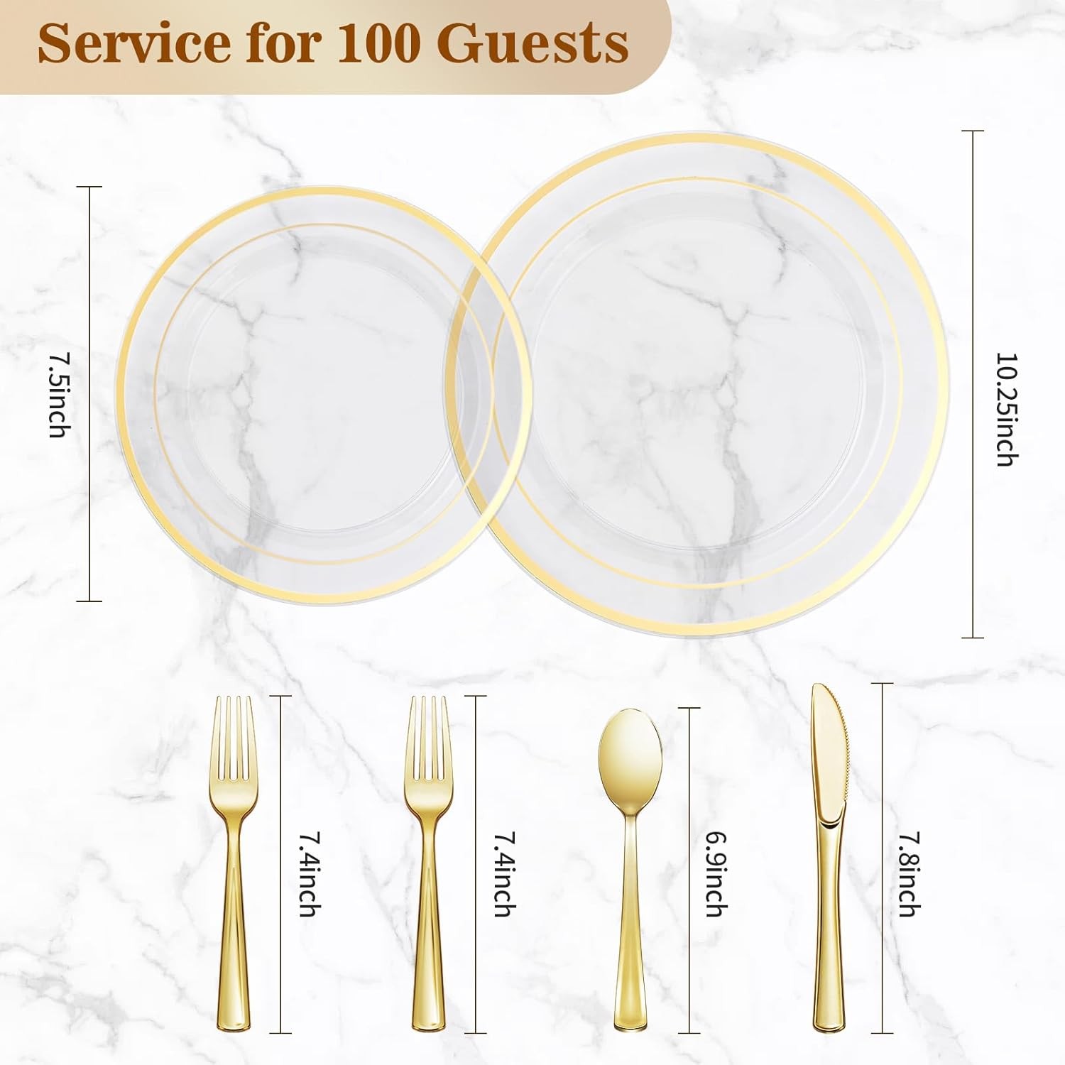 BESTVIP 600PCS Clear Gold Plastic Plate Set (100 Guests), Plastic Plates for P