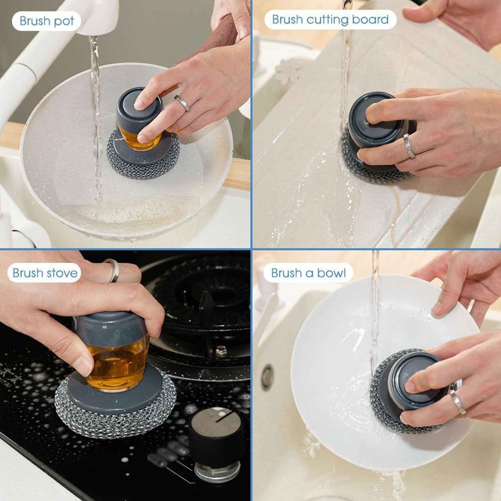 Kitchen Cleaning Brush Soap Dispensing Palm Dishwashing Pot Pan Scrubber Tools