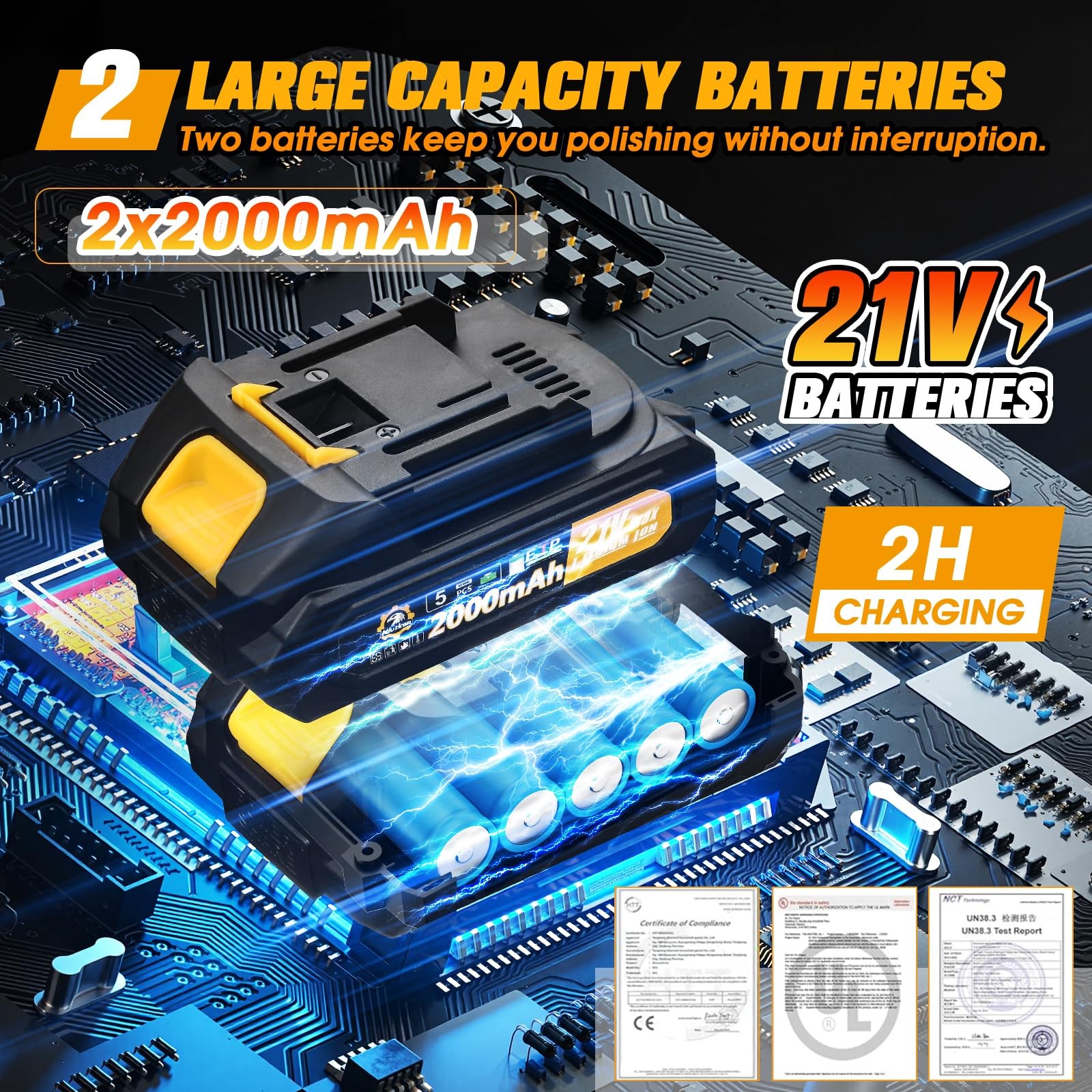 Cordless Car Buffer Polisher 6-Speed Yellow 2x 2000mAh 21V Batteries 18