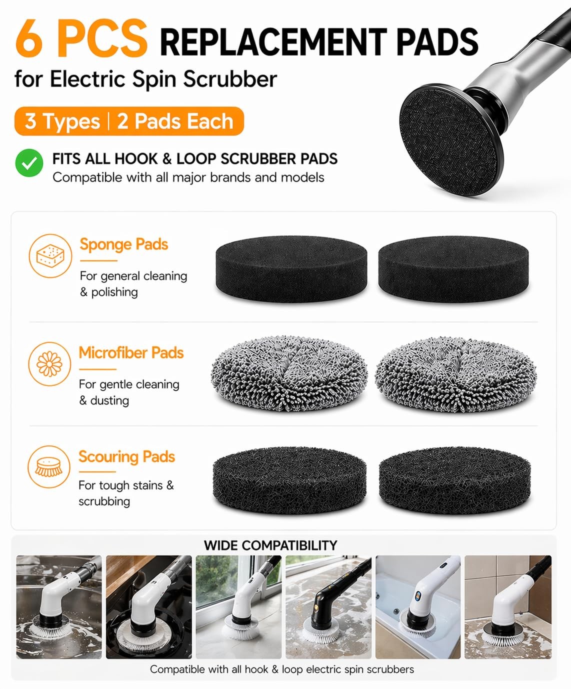 6-Pack Electric Spin Scrubber Replacement Heads, Universal Hook and Loop Clea…
